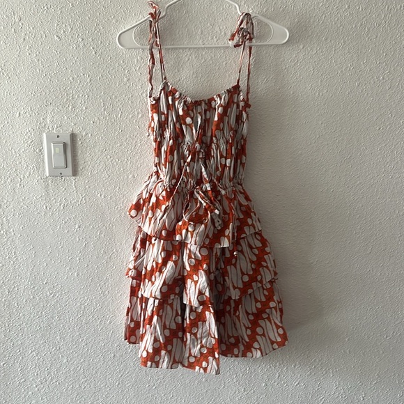Charina Sarte Ruffle Tala Mini Dress | Print/Orange/ White/ Brown | Size Small - Picture 2 of 6